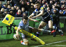 George Ford knocks Joel Tomkins into touch just short of the try line 