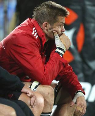 Crusaders flanker Richie McCaw watches from the bench after suffering a thumb injury, Blues v Crusaders, Super Rugby, Eden Park, Auckland, February 28, 2014