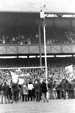 A Wales supporter climbs a goal post at Twickenham, England v Wales, Twickenham, February 28, 1970 
