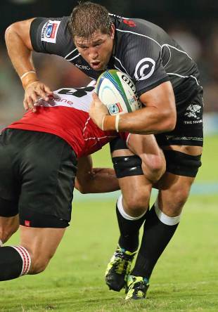 The Sharks'  Willem Alberts powers through a tackle, Sharks v Lions, Super Rugby, Kings Park, Durban, March 8, 2014