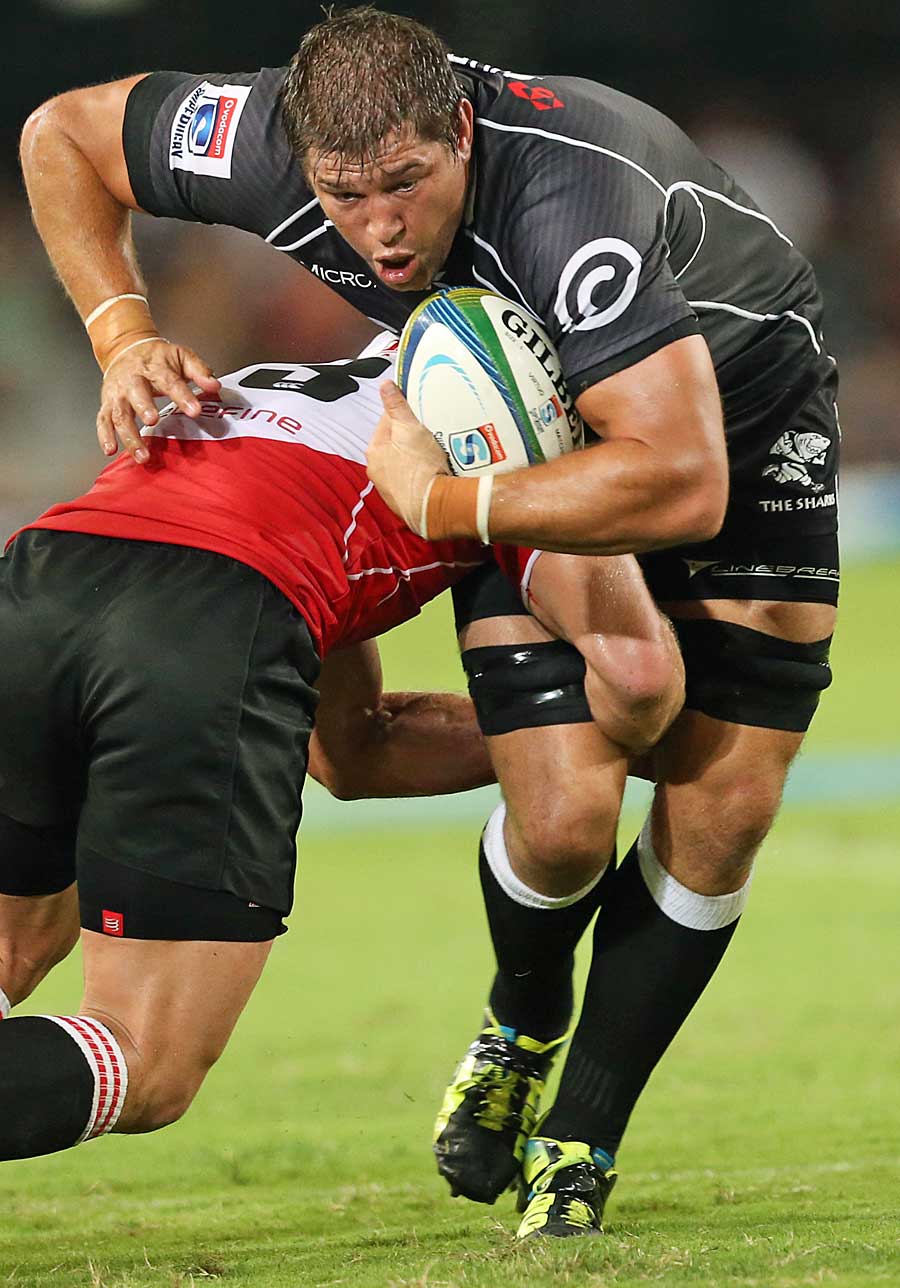 The Sharks Willem Alberts powers through a tackle Rugby Union Photo ESPN Scrum