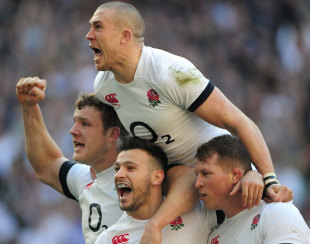 England celebrate Danny Care's early try, England v Wales, Six Nations, Twickenham, London, March 9, 2014