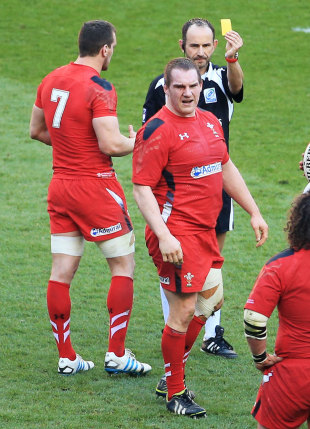 Gethin Jenkins is shown the yellow by referee Romain Poite, England v Wales, Six Nations, Twickenham, March 9, 2014