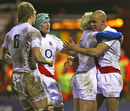 England Saxons winger Tom Varndell is congratulated after scoring a try