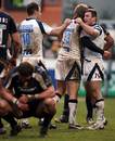 Sale's Oriol Ripol is congratulated after scoring a try