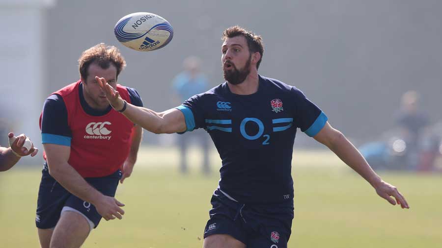 England's Tom Wood juggles the ball in training