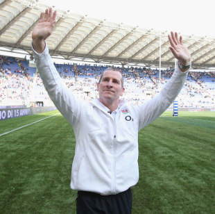 Stuart Lancaster waves to the travelling fans, Italy v England, Six Nations, Stadio Olimpico, Rome, March 15, 2014