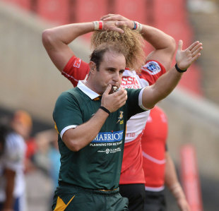 Stuart Berry blows for full time in a game where his decision to award a try to the Lions was deeply contested and ultimately ruled to be incorrect, Lions v Blues, Super Rugby, Ellis Park, Johannesburg, March 15, 2014
