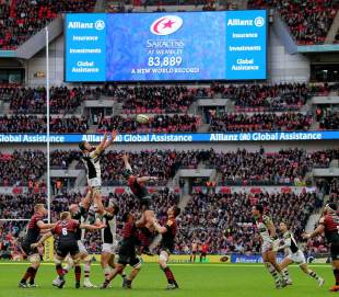 Saracens take a lineout in front of a world record attendance for a club game of rugby, Saracens v Harlequins, Aviva Premiership, Wembley, March 22, 2014