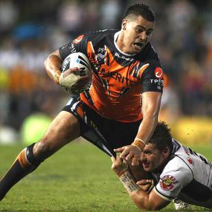 Wests Tigers front-rower Andrew Fafita is tackled, Wests Tigers v New Zealand Warriors, National Rugby League, Leichhardt Oval, March 19, 2011