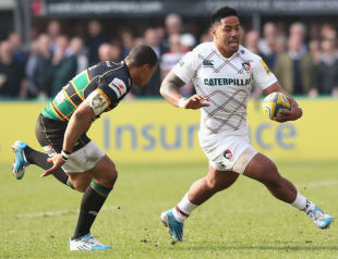 Leicester's Manu Tuilagi tries to evade Luther Burrell, Northampton Saints v Leicester Tigers, Aviva Premiership, Franklin's Gardens, March 29, 2014
