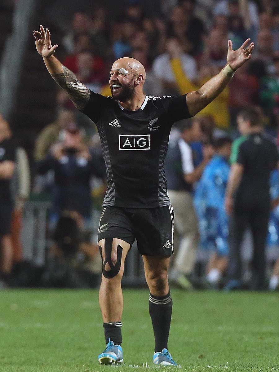 New Zealand's D J Forbes celebrates victory in the Hong Kong Sevens Cup final