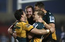 Ben Foden celebrates scoring a try with his team-mates
