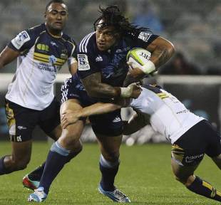 The Blues' Ma'a Nonu takes the ball into contact, Brumbies v Blues, Super Rugby, Canberra Stadium, Australia, April 4, 2014