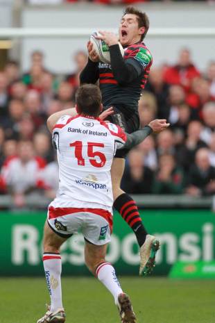 Ulster's Jared Payne catches Alex Goode in the air, Ulster v Saracens, Heineken Cup, Ravenhill, Belfast, April 5, 2014
