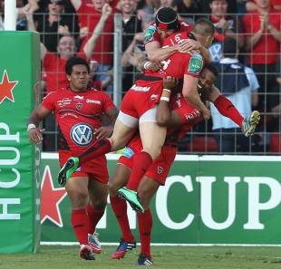 Toulon's Drew Mitchell is mobbed after his try, Toulon v Leinster, Heineken Cup, Stade Felix Mayol, France, April 6, 2014
