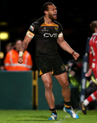 Will Helu celebrates scoring a try, London Wasps v Gloucester, Amlin Challenge Cup, Adams Park, High Wycombe, April 6, 2014