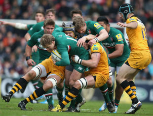 Mathew Tait is tackled by Tom Palmer and Guy Thompson , Leicester Tigers v London Wasps, Aviva Premiership, Welford Road, April 12, 2014 