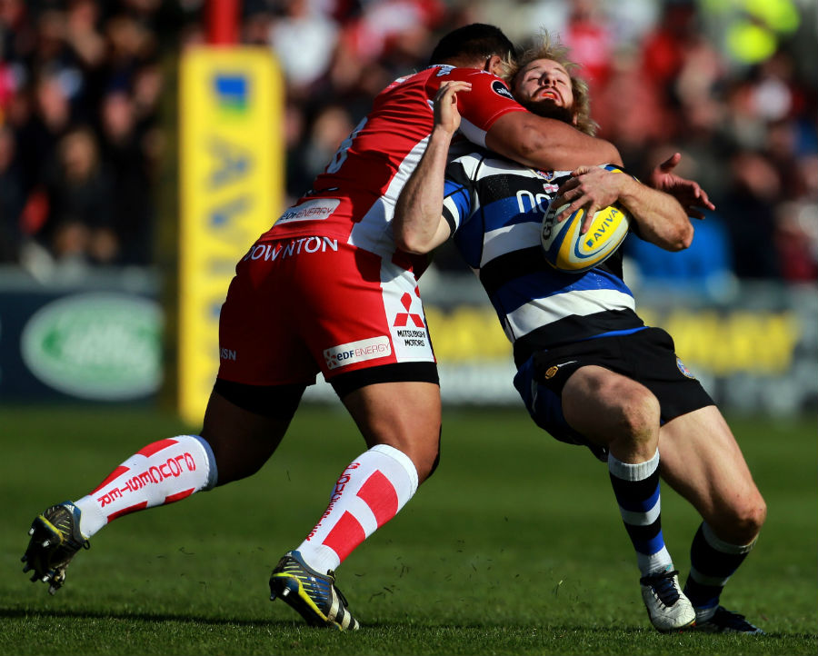 Nick Abendanon is tackled high by Gloucester's Sila Puafisi 