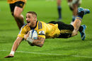 TJ Perenara goes over for a try for the Hurricanes