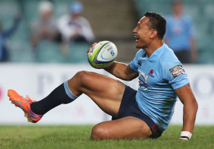 Israel Folau crosses the whitewash within the opening 30 seconds against the Bulls, Waratahs v Bulls, Super Rugby, Allianz Stadium, Sydney, April 19, 2014