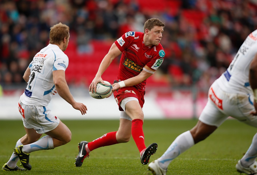 Scarlets' Rhys Priestland looks for a pass against Exeter Chiefs
