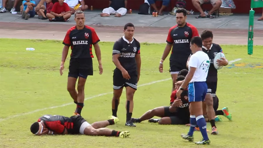 Samoan Simaika Mikaele feigns injury after being pushed in the chest