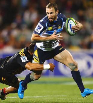 Brumbies scrum-half Nic White is tackled, Brumbies v Chiefs, Super Rugby, Canberra Stadium, Canberra, April 25, 2014 