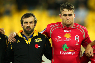 Conrad Smith of the Hurricanes and James Horwill of the Reds share a moment's silence to mark Anzac Day, Hurricanes v Reds, Super Rugby, Westpac Stadium, April 26, 2014