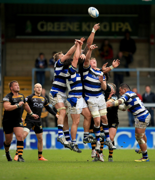 Bath and Wasps players jump in a tangle of limbs to win a loose lineout ball, London Wasps v Bath Rugby, Amlin Challenge Cup, Adams Park, April 27, 2014