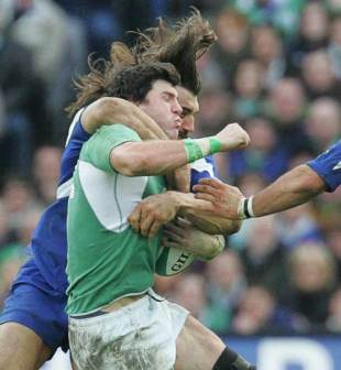 Ireland's Shane Horgan is tackle by France's Sebastien Chabal, Ireland v France, Six Nations Championship, Croke Park, Dublin, Ireland, February 11, 2007