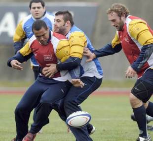 France flanker Thierry Dusautoir is tackled by prop Lionel Faure, France training session, Marcoussis, south of Paris, France, January 28, 2009