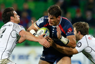 Mitch Inman of the Rebels runs with the ball, Rebels v Sharks, Super Rugby, AAMI Park, Melbourne, May 2, 2014