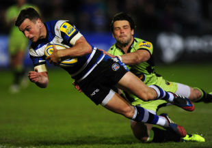 George Ford goes over for his side's first try, Bath v  Northampton Saints, Aviva Premiership, The Recreation Ground, May 2, 2014
