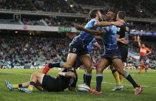 The Waratahs' Rob Horne celebrates his first-minute try with Kurtley Beale, New South Wales Waratahs v Hurricanes, Super Rugby, Allianz Stadium, Sydney, May 3, 2014