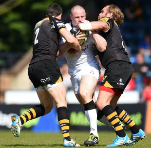 James Fitzpatrick is tackled by Charlie Hayter and Andy Goode, London Wasps v Newcastle Falcons, Aviva Premiership, Wycombe, May 3, 2014