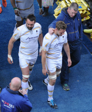 Worcester Warriors director of rugby Dean Ryan consoles Richard De Carpentier after they are beaten and therefore relegated, Worcester Warriors v Saracens, Aviva Premiership,  Leicester, May 10, 2014