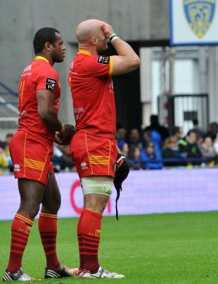 Perpignan's Alasdair Strokosch and Watisoni Votu are distraught after defeat by Clermont, Clermont v Perpignan, Top 14, Michelin stadium, May 3, 2014