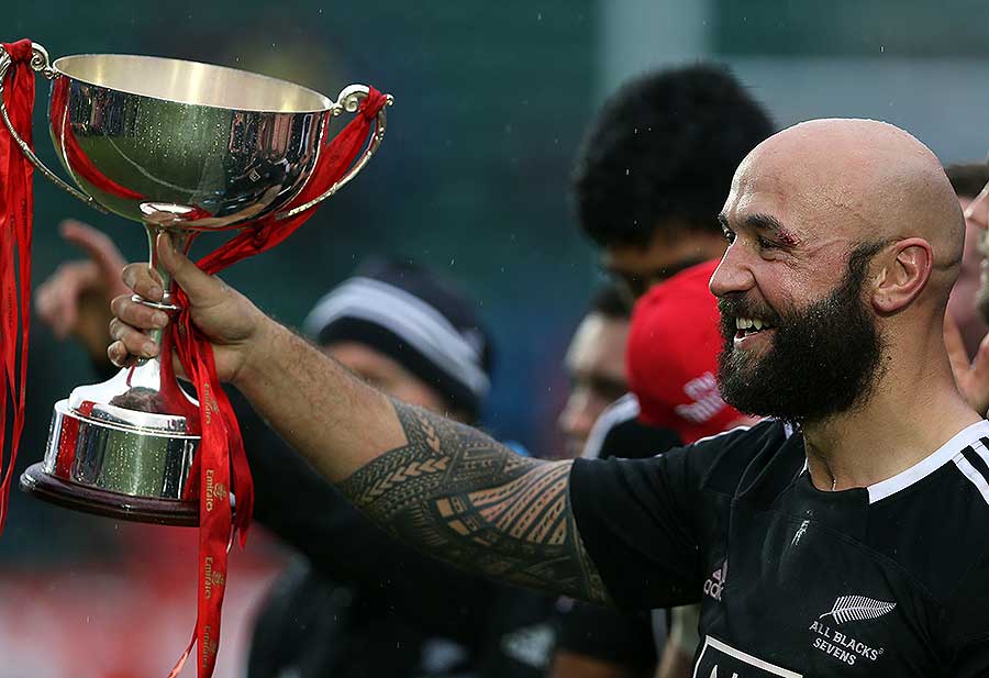 New Zealand's DJ Forbes celebrates victory in his 68th IRB Sevens World Series tournament