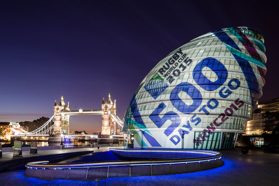 City Hall in London is turned into a giant rugby ball to mark 500 days until the start of Rugby World Cup
