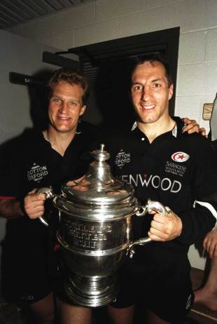 Saracens' Michael Lynagh and Philippe Sella hold the Tetley's Bitter Cup, Saracens v Wasps, Tetley's Bitter Cup Final, Twickenham, May 9, 1998