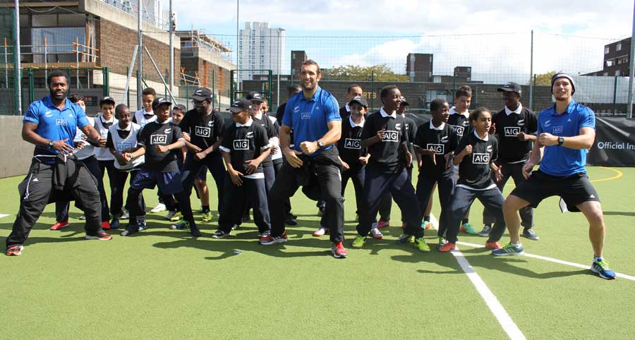 New Zealand carry out a haka while visiting the Community Action Zone in Lambeth