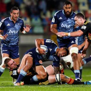 Blues fullback Charles Piutau's left knee buckles in a tackle, Chiefs v Blues, Super Rugby, Yarrow Stadium, New Plymouth, May 9, 2014