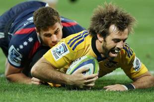 The Hurricanes' Conrad Smith takes delight in scoring, Rebels v Hurricanes, Super Rugby, AAMI Stadium, Melbourne, May 9, 2014 