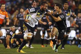 The Brumbies' Fotu Auelua charges at the Sharks, Brumbies v Sharks, Super Rugby, GIO Stadium, Canberra, May 10, 2014