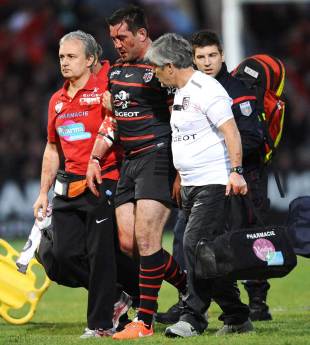 Toulouse's Florian Fritz is carted from the field, Toulouse v Racing Metro, Top 14 quarter-finals, Stade Stade Ernest Wallon, Toulouse, May 9, 2014