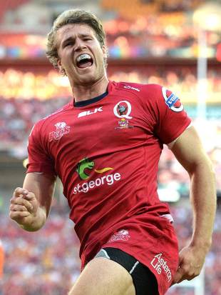 The Reds' Dom Shipperley celebrates his try, Queensland Reds v Crusaders, Super Rugby, Suncorp Stadium, Brisbane, May 11, 2014