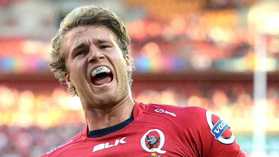 The Reds' Dom Shipperley celebrates his try, Queensland Reds v Crusaders, Super Rugby, Suncorp Stadium, Brisbane, May 11, 2014