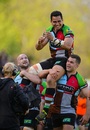 Harlequins' Maurie Fa'asavalu is carried aloft by his team mates as they celebrate victory over Bath during the final Aviva Premiership match of the regular season