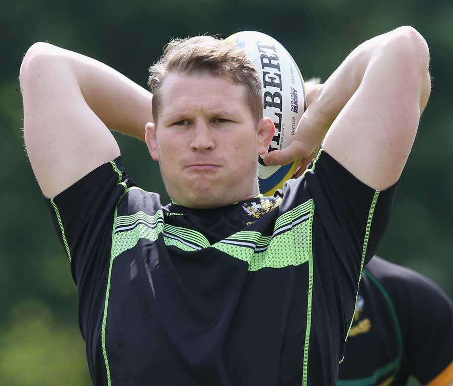Northampton Saints' Dylan Hartley throws in during training